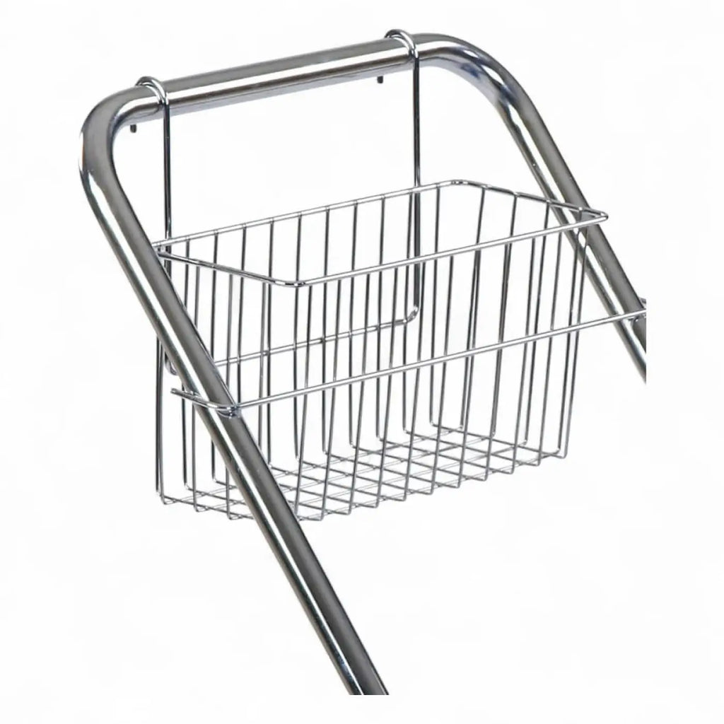 Chrome-finished metal wire basket with curved handle and hanging hooks for floorstar deichselkorb dk1 fahrwagen solid