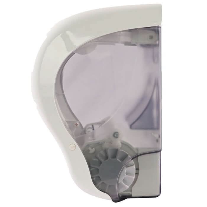 HygoClean handtuchspender autocut weißer kunststoff wandmontierter toilettenpapierspender mit durchsichtigem frontpanel und grauem innenmechanismus