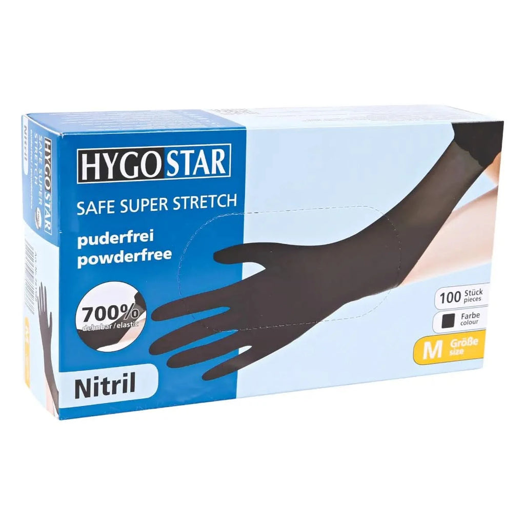 Hygostar safe super stretch nitril handschuhe schwarz 100 stück in blau weißer verpackung, puderfrei und dehnbar