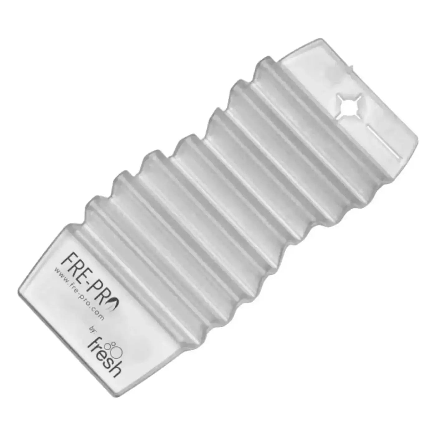 Clear ribbed plastic ice maker tray with frepro branding for refrigerator use in frepro hang tag raumduft product