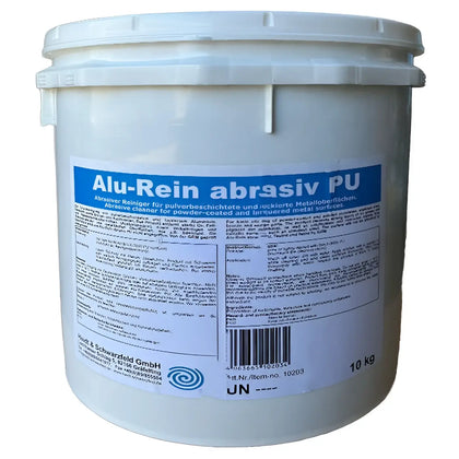 Weißer kunststoffeimer alu-rein abrasiv pu 10 kg von heidt & schwarzfeld mit blau weißem etikett