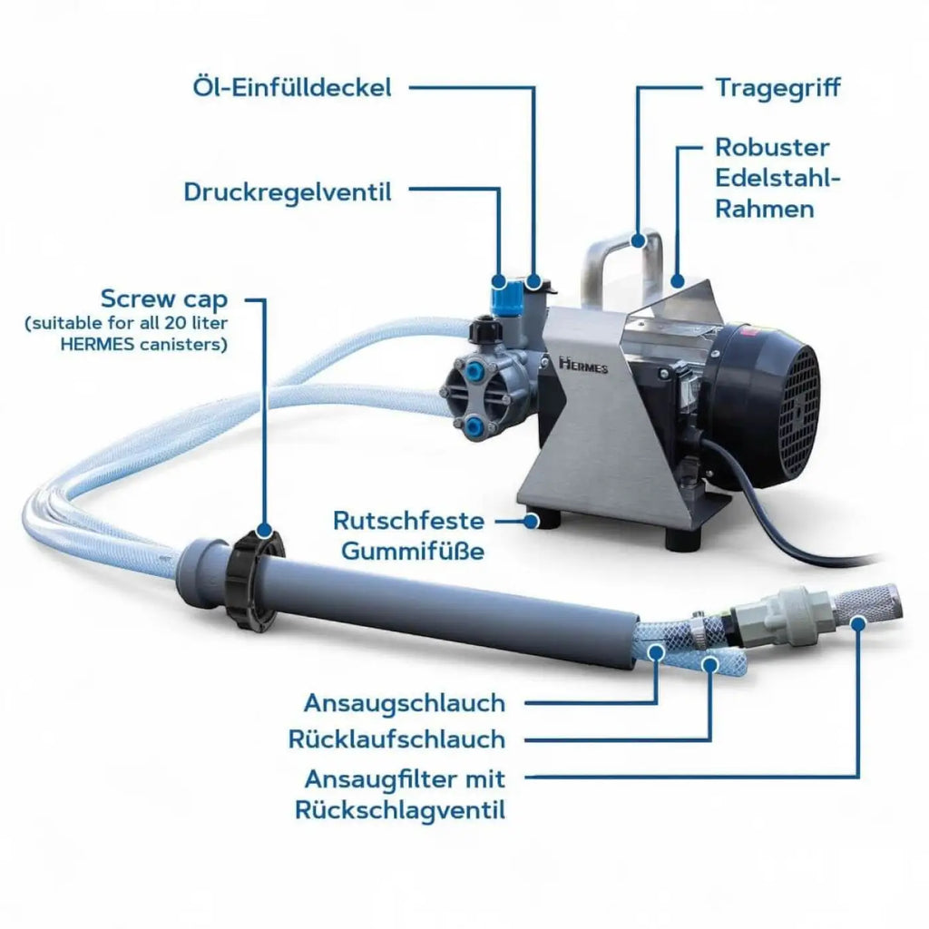 Silberner und schwarzer industrieller chemiepumpe mit robustem edelstahlrahmen von hermes model hermes chemiepumpe s