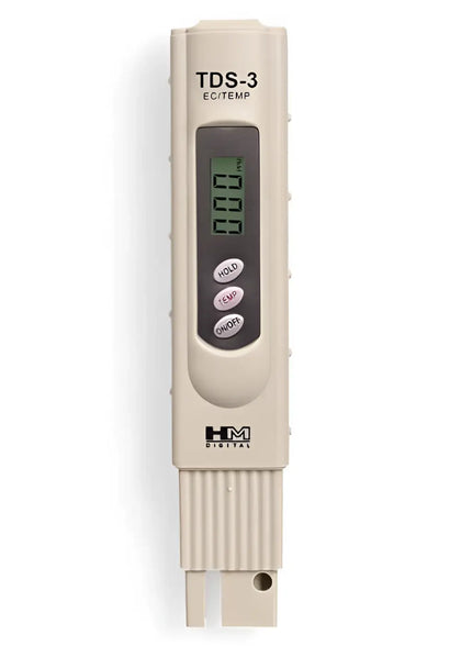 Beige hm digital tds-3 wassermessgerät mit digitalanzeige und drei funktionstasten für osmosewassertest