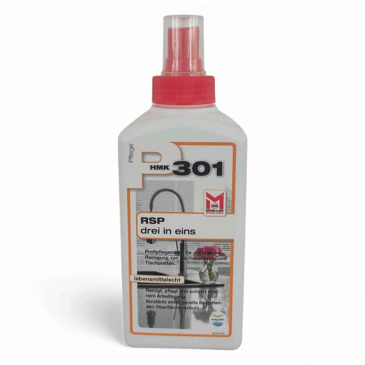 Weiße plastik-sprühflasche hmk p301 rsp mit rotem deckel zur reinigung von küchen- und badeoberflächen 250ml