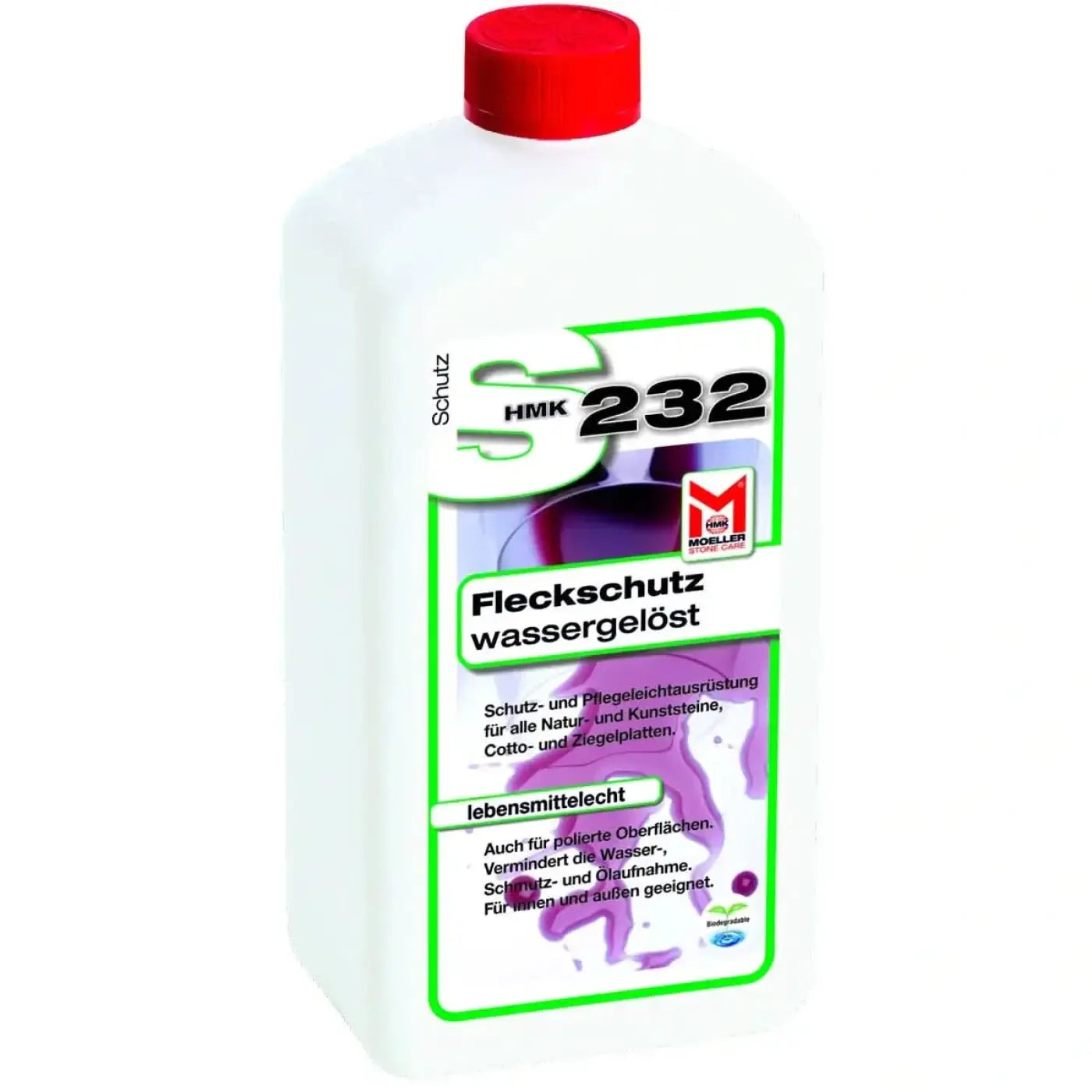 Weiße plastikflasche mit rotem verschluss und grünem etikett mit hmk 232 steinimprägnierung für fleckenschutz