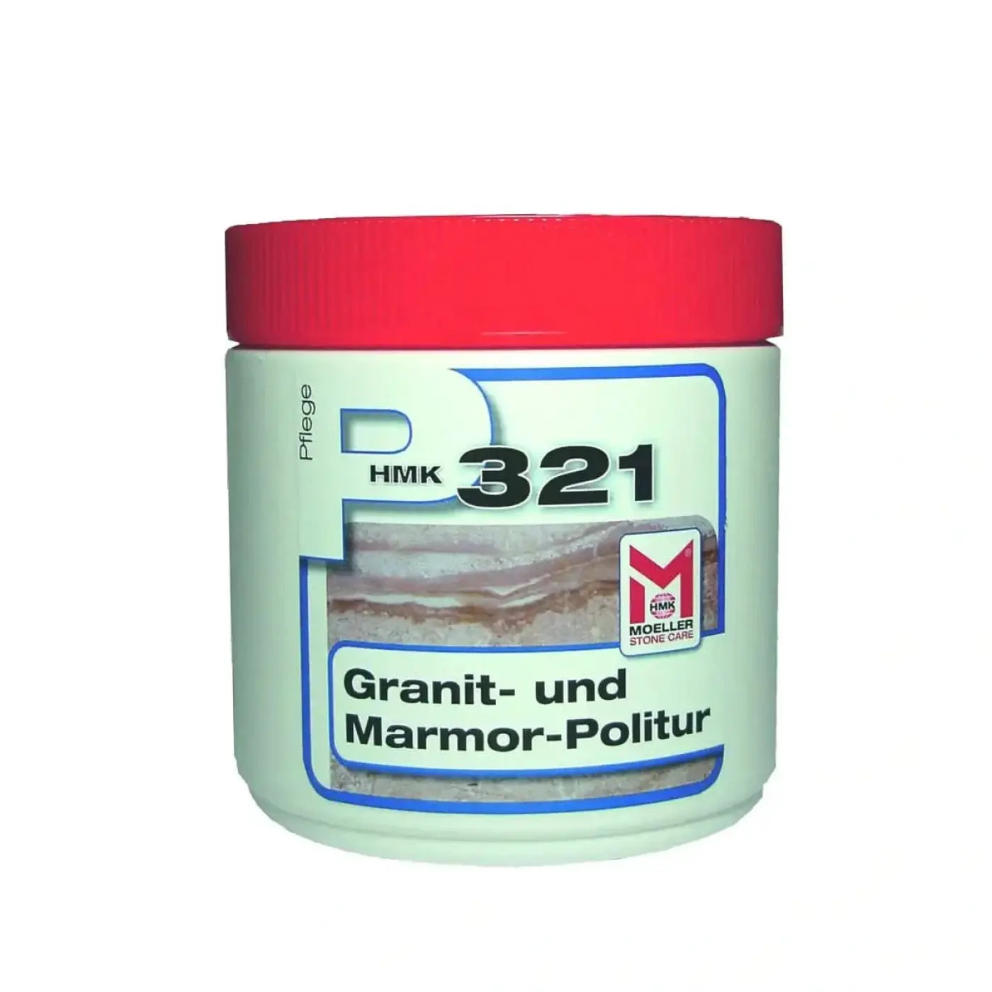 Eine hellgrüne zylindrische dose mit rotem deckel, hmK 321 granit- und marmor-politur von moeller stone care, 500ml