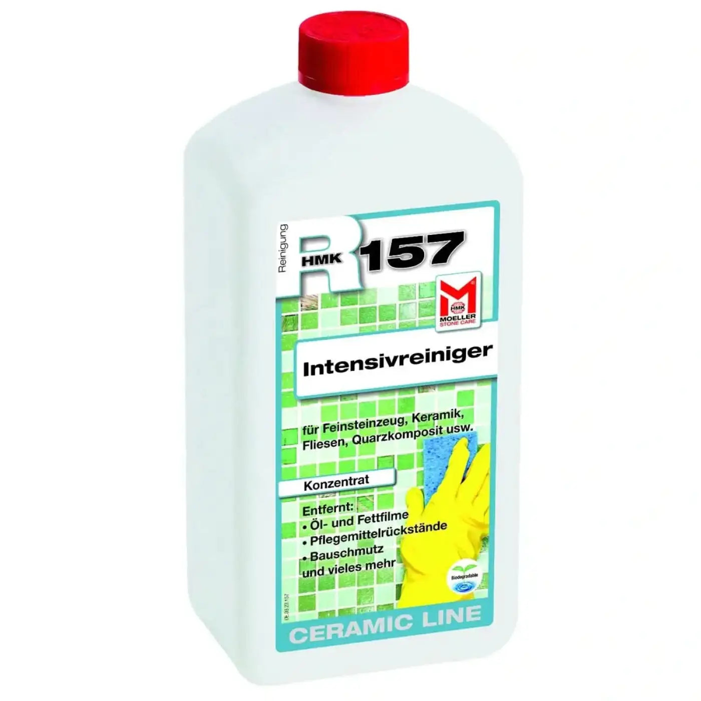 Weiße kunststoffflasche mit rotem deckel und grün weißem etikett moeller store care intensivreiniger für keramische oberflächen