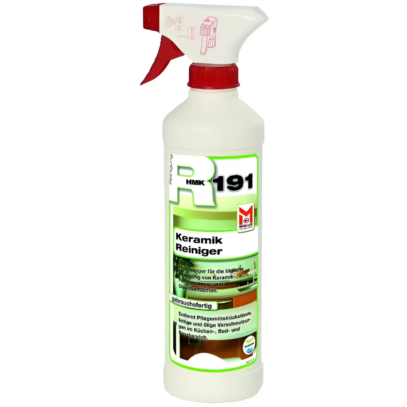Weiße kunststoff-sprühflasche mit rotem trigger und kappe, hmk r191 keramik reiniger 250ml etikett