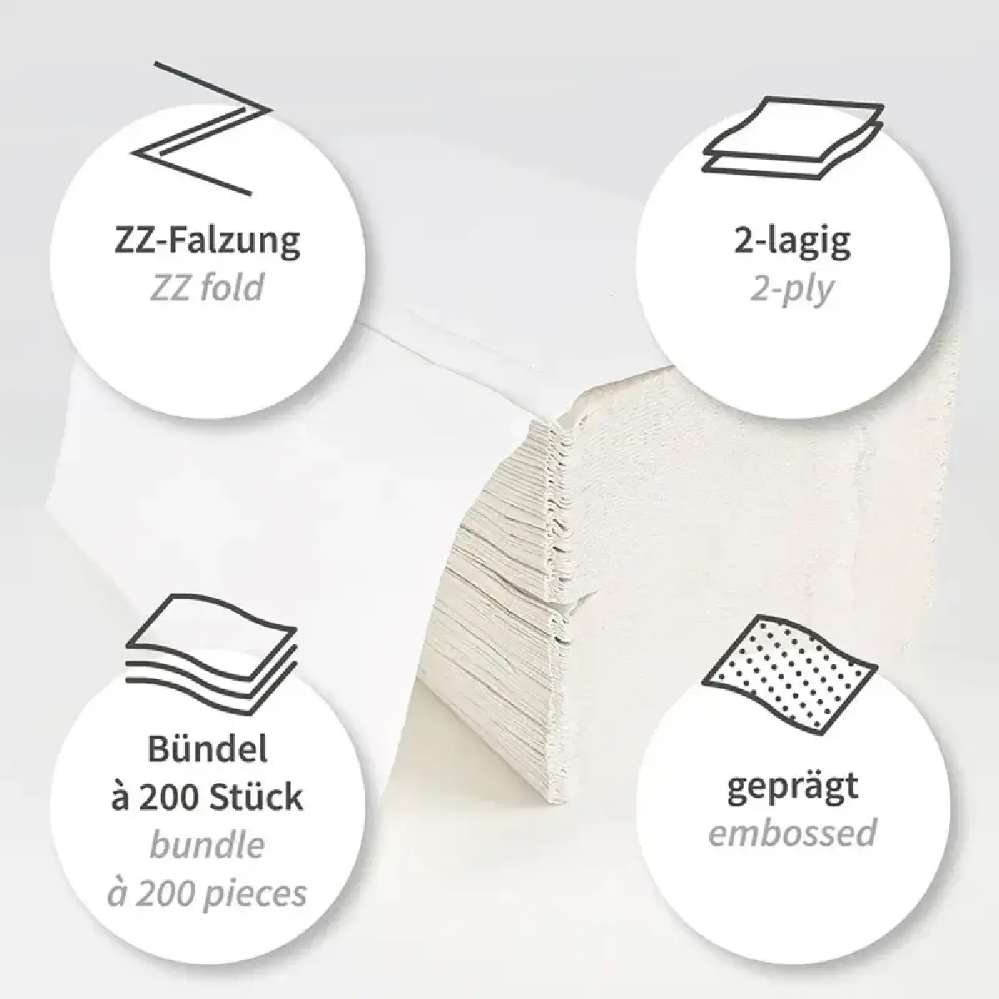 Ein stapel weißer, 2-lagiger hygoclean papierhandtücher aus recyclingpapier mit zz-falzung und geprägter struktur