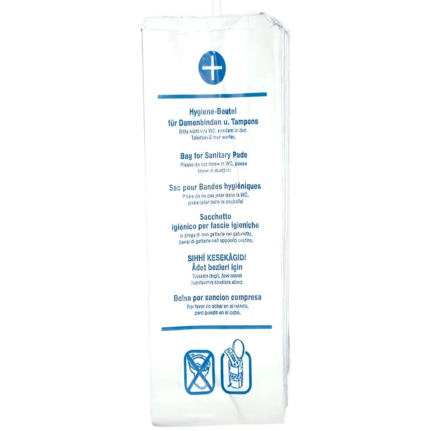 Weißer plastikbeutel mit blauem aufdruck als hygienebeutel für damenbinden mehrsprachig hygostar 125 stück