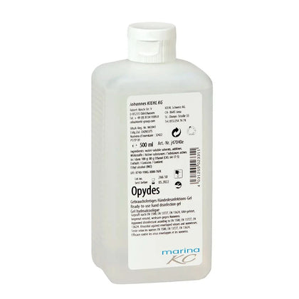 Klarer kunststoffflasche mit weißem deckel und etikett enthaltend kiehl opydes marina kc händedesinfektions-gel 500 ml