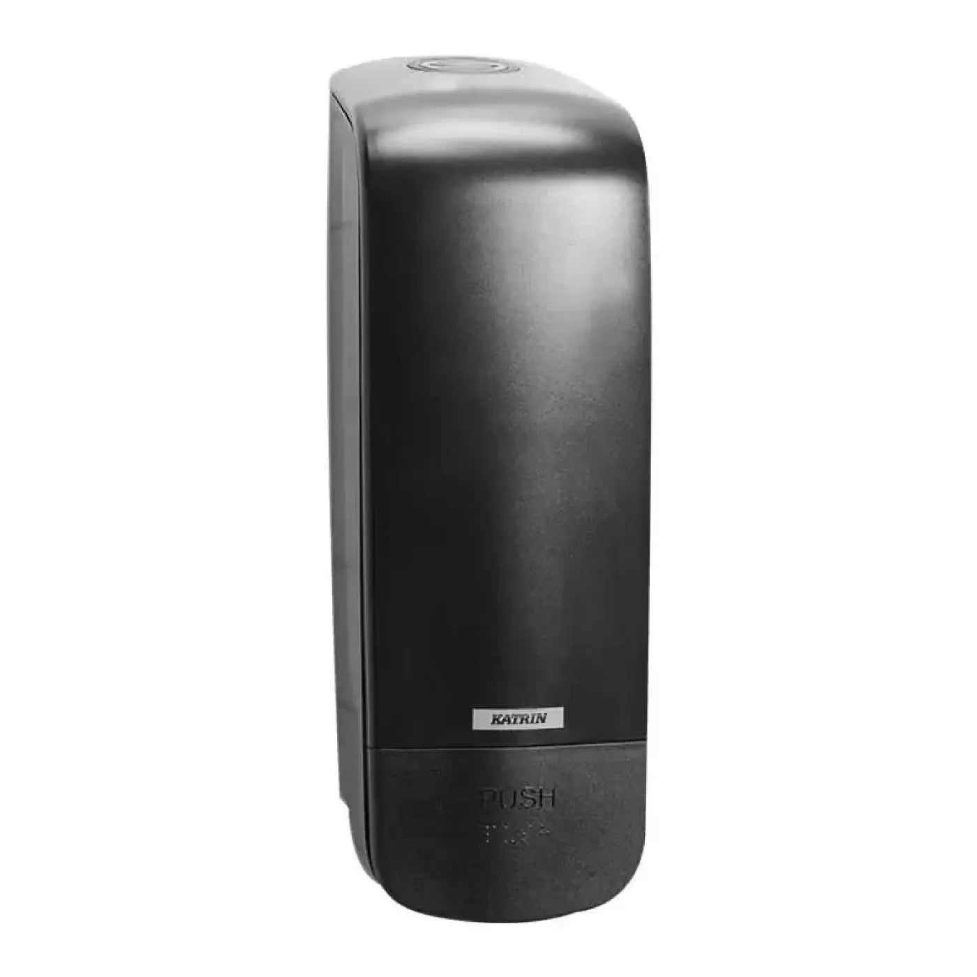 Schwarzer wandmontierter katrin seifenspender 1000ml aus kunststoff mit rechteckigem design und push-label am boden