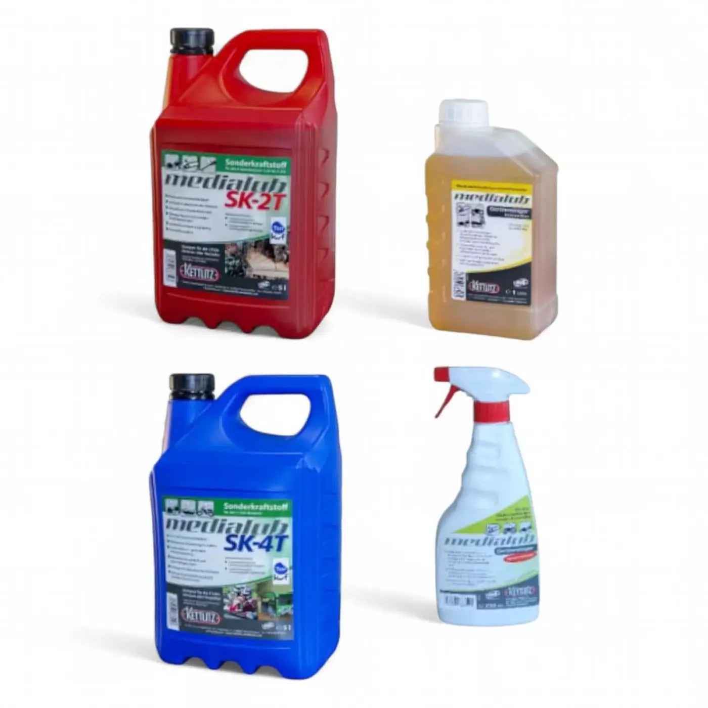 Roter plastikkanister mit schwarzem deckel und grünem etikett mediabot sk-2t branding im kettlitz medialub garten mix set