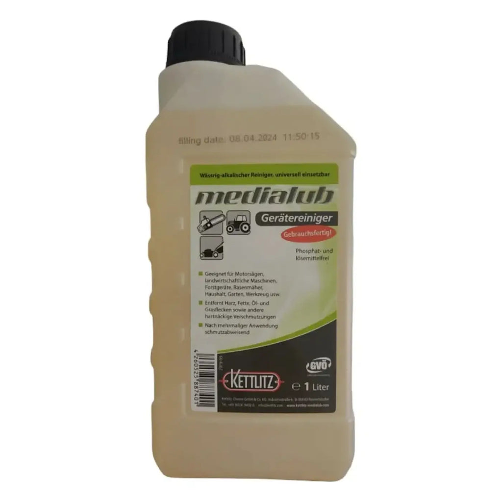 Ein durchscheinende, blassgelbe plastikflasche mit schwarzem schraubverschluss und grün-schwarzem kettlitz etikett medienlub gerätereiniger gebrauchsfertig