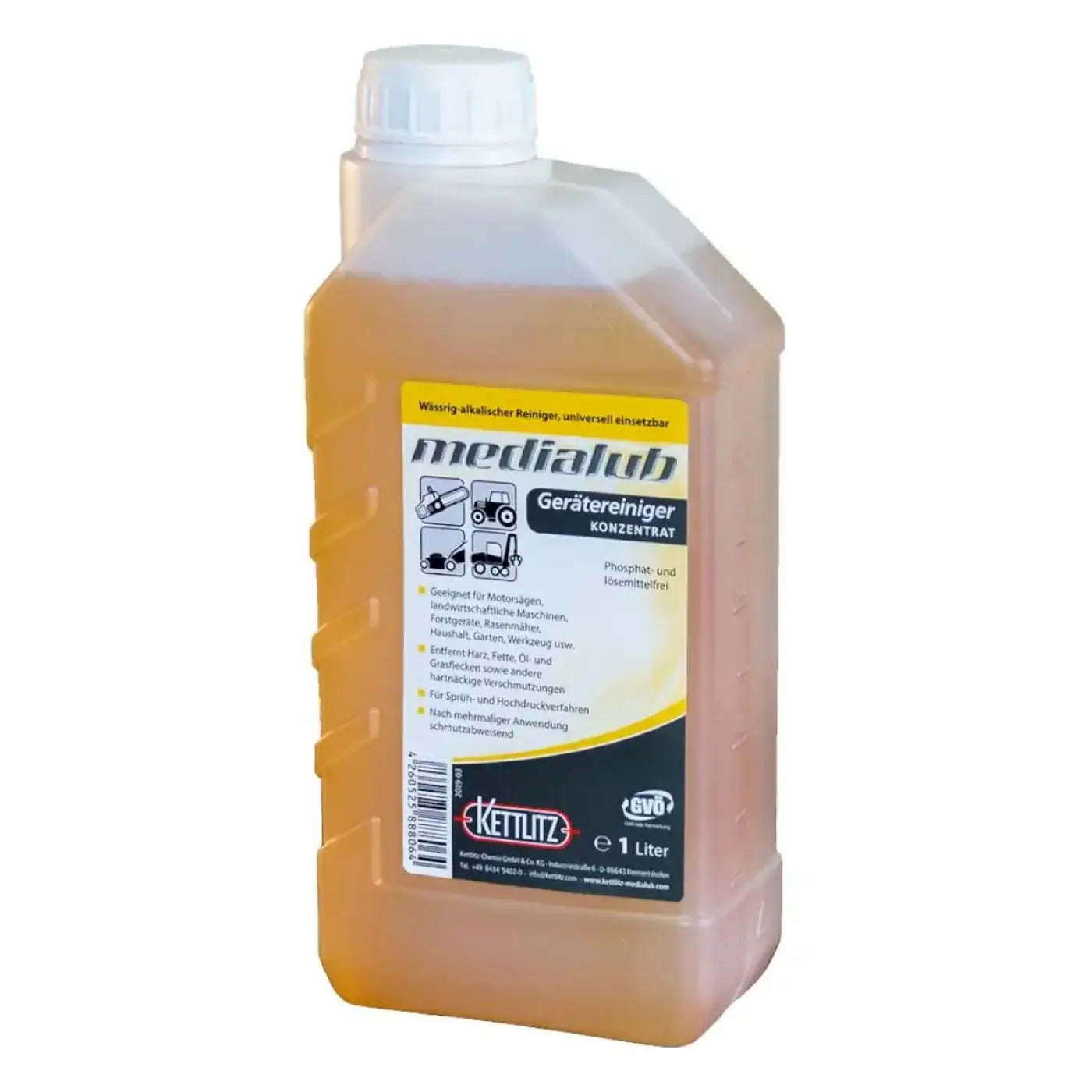 Ein transparenter orangefarbener kunststoffflasche mit weißem schraubverschluss enthält kettlitz medialub gerätereiniger konzentrat