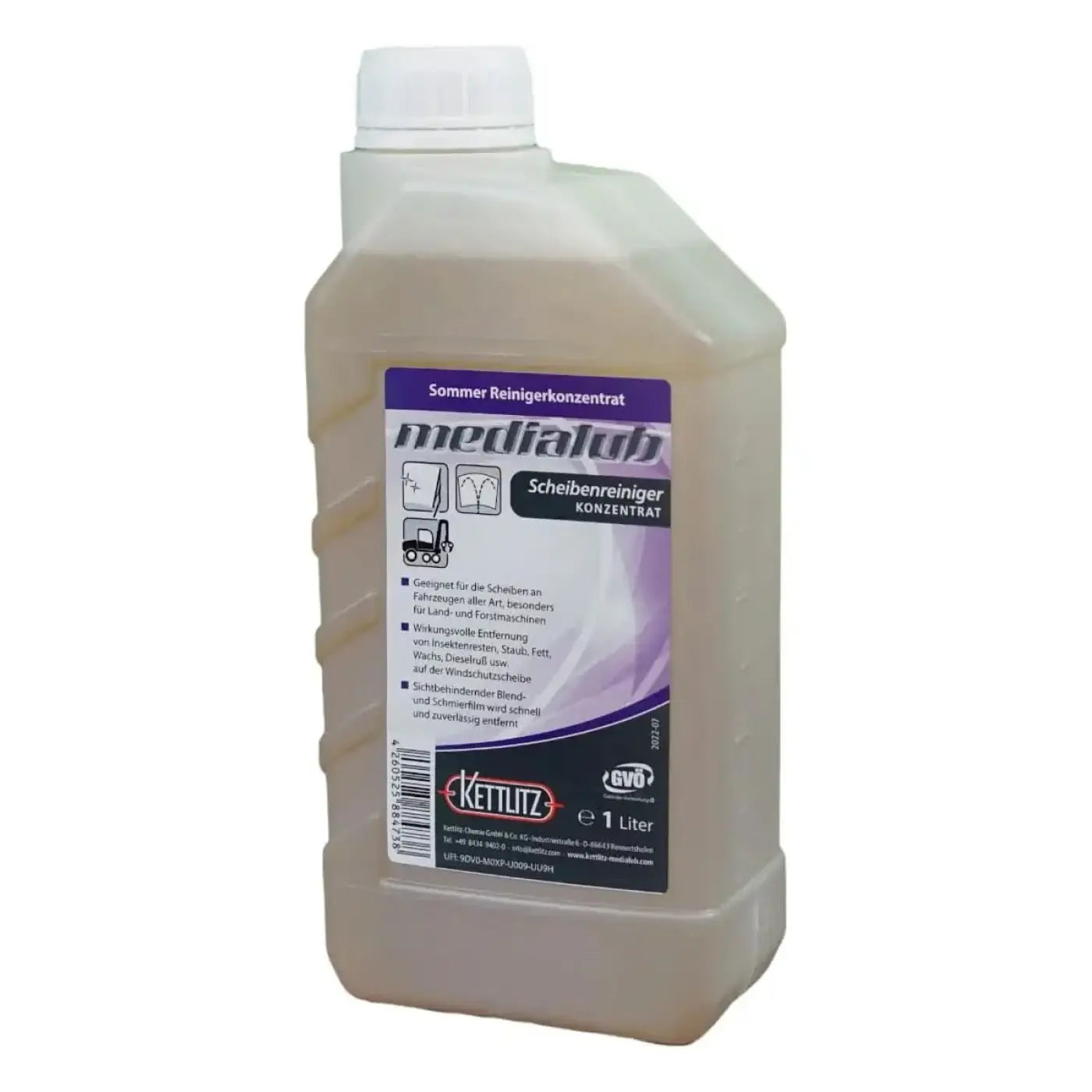 Eine durchsichtige plastikflasche mit weißem deckel und hellbernsteinfarbener flüssigkeit enthalt medialub scheibenreiniger konzentrat von kettlitz