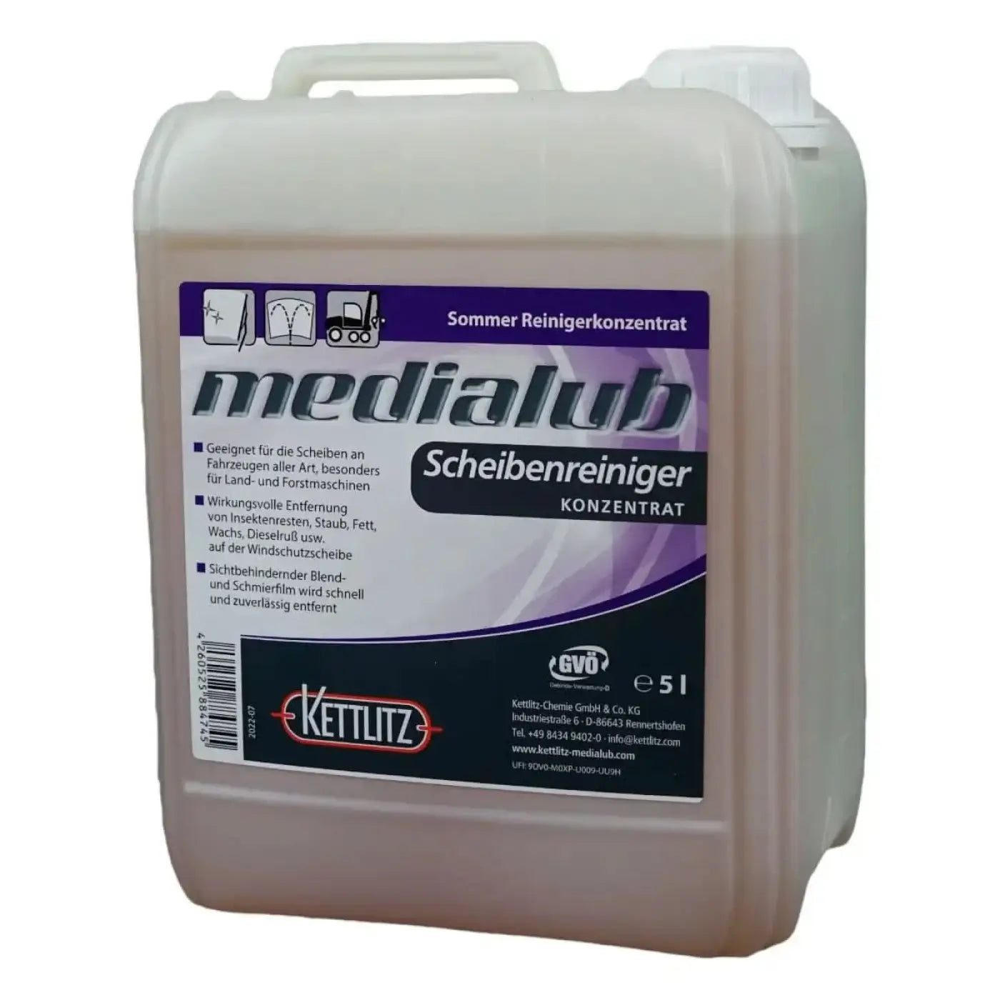 Weißer plastikkanister mit durchsichtigem braunem flüssigkeit labeled medialub scheibenreiniger konzentrat von kettlitz