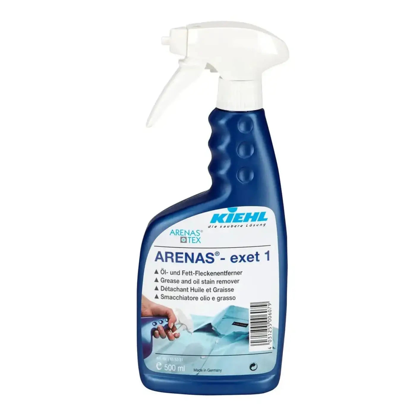 Blauer plastik-sprühflasche mit weißer triggerdüse kiehl arenas exet 1 öl- und fettfleckenentferner 500ml