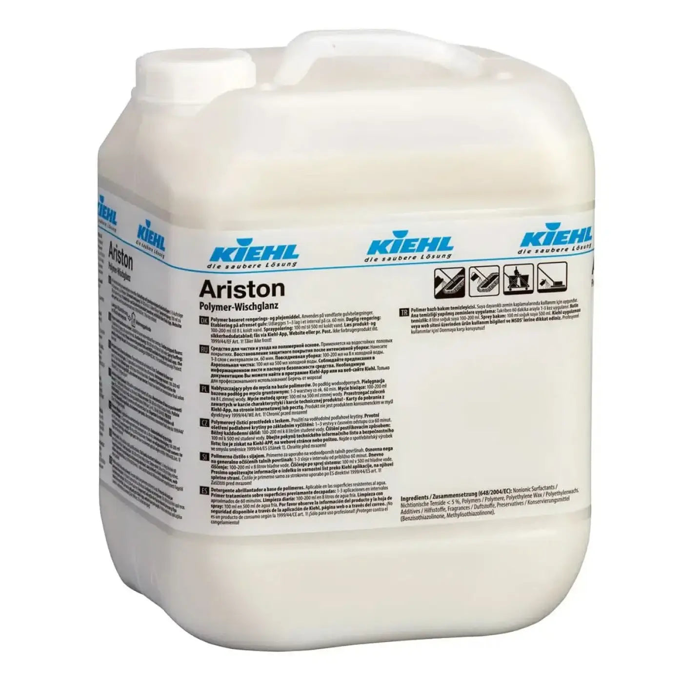 Weißer kunststoffbehälter mit blauer etikettierung für kiehl’s ariston polymer-wischglanz reinigungslösung 10l
