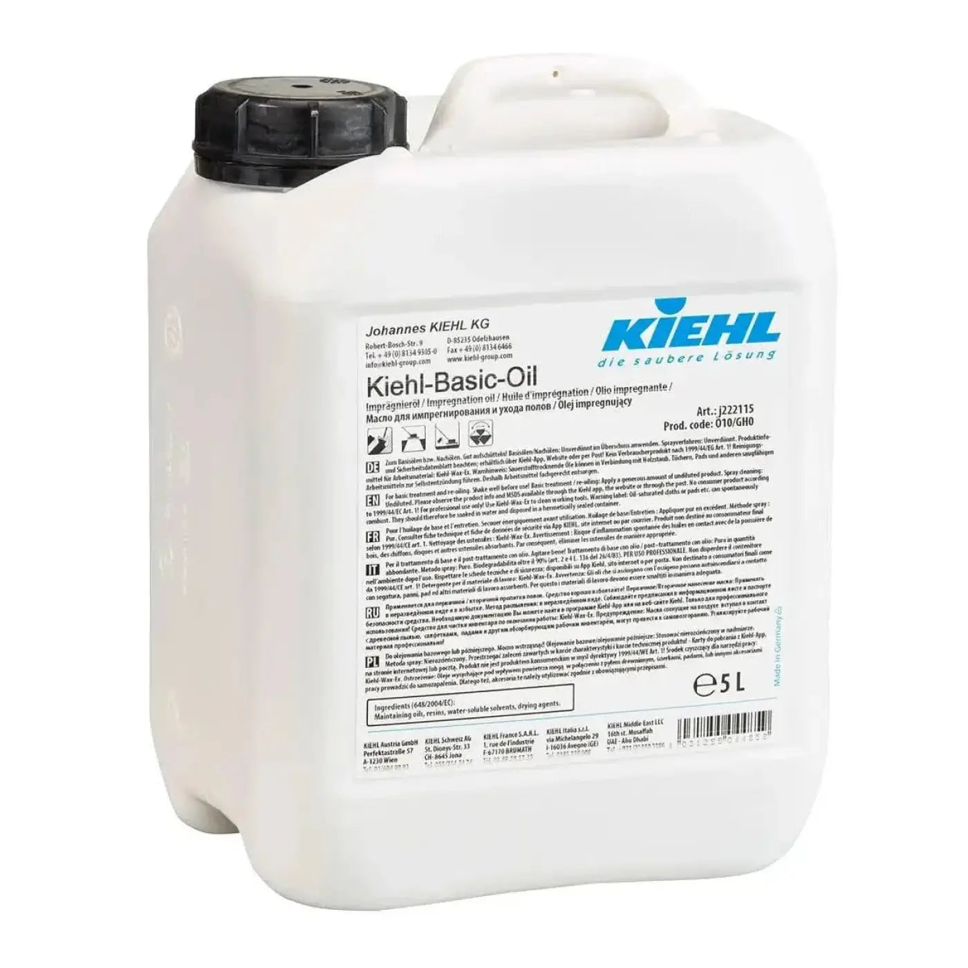 Weiße plastikkanne mit schwarzem deckel und blauem etikett kiehl basic oil imprägnieröl 5l