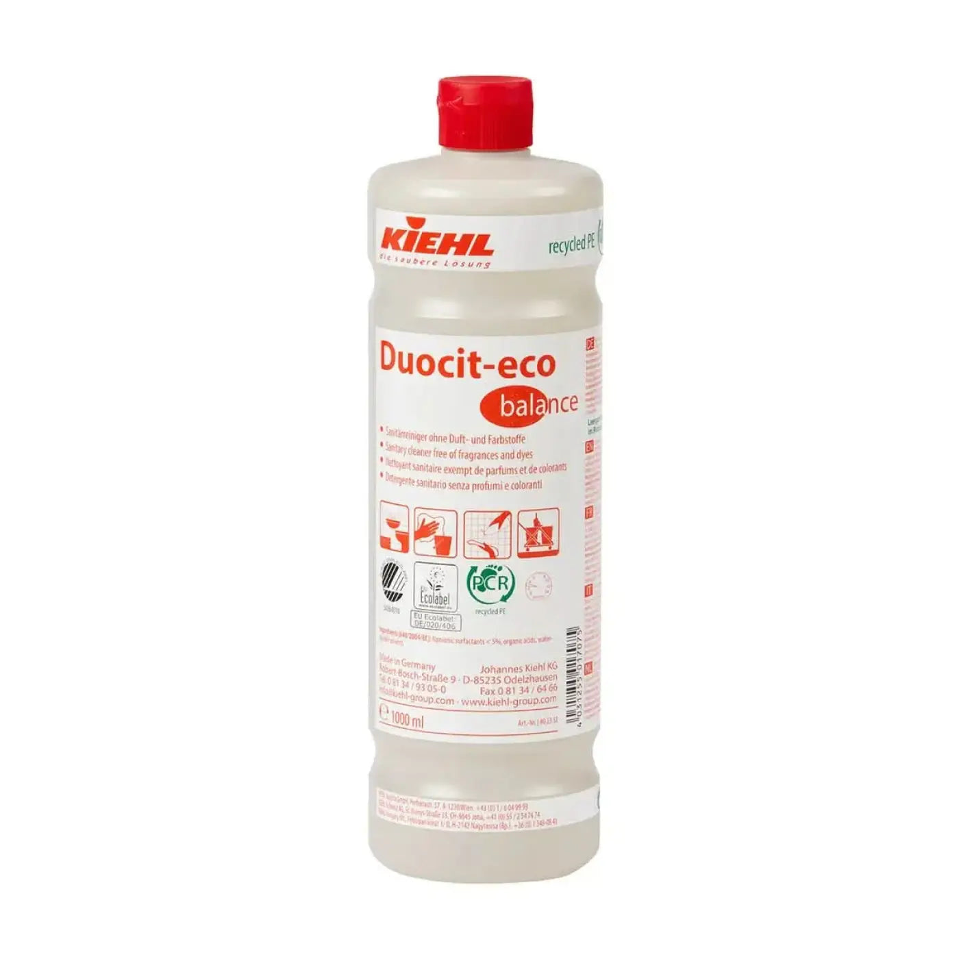 Klare kunststoffflasche mit rotem deckel und weißem etikett mit kiehl duocit-eco balance sanitärreiniger 1l