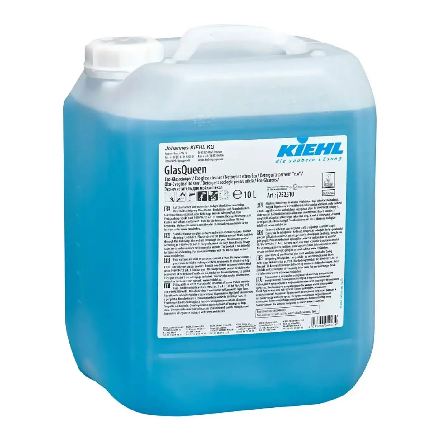 Kiehl glasqueen glasreiniger 10l ecoglasreiniger in einem 10 liter durchsichtigen kunststoffkanister mit weißem verschluss