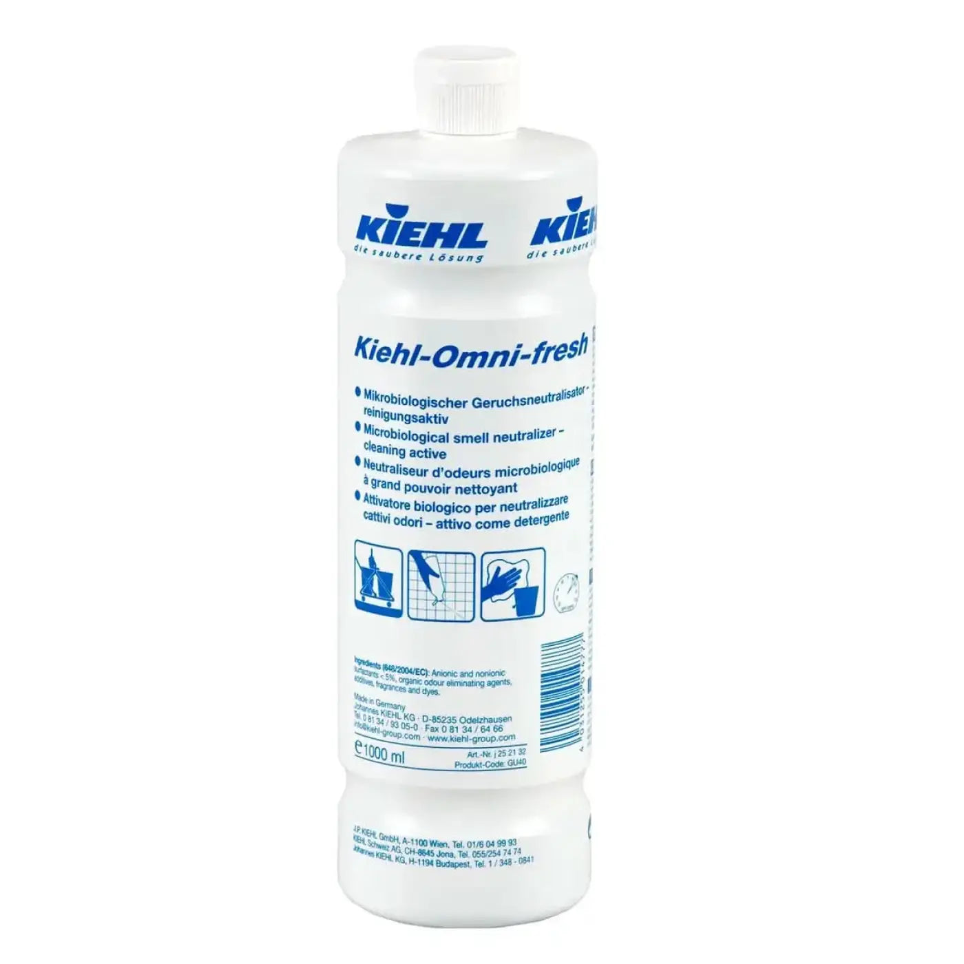 Weiße plastikflasche kiehl omni fresh geruchsneutralisator 1l mit blauem branding und mikrobieller geruchsneutralisierung