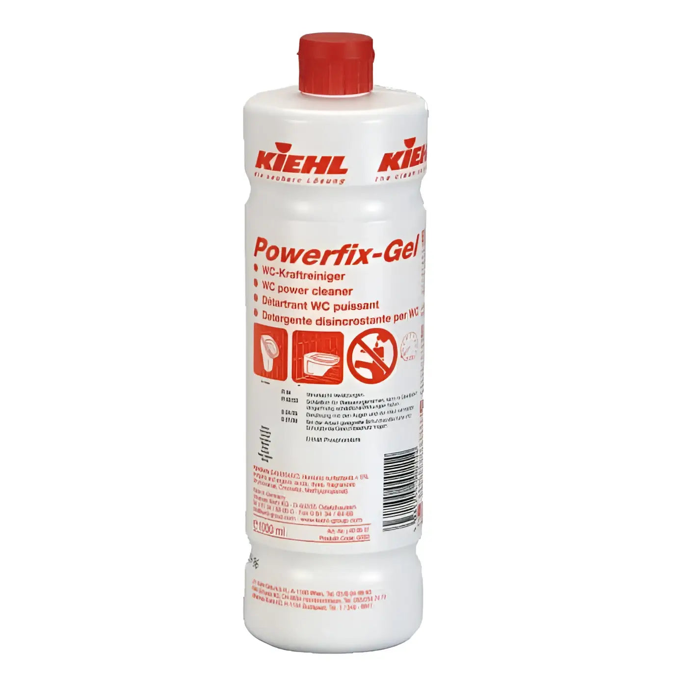 Weiße plastikflasche mit rotem deckel und etikett von kiehl powerfix-gel wc kraftreiniger 1l für toilettenreinigung
