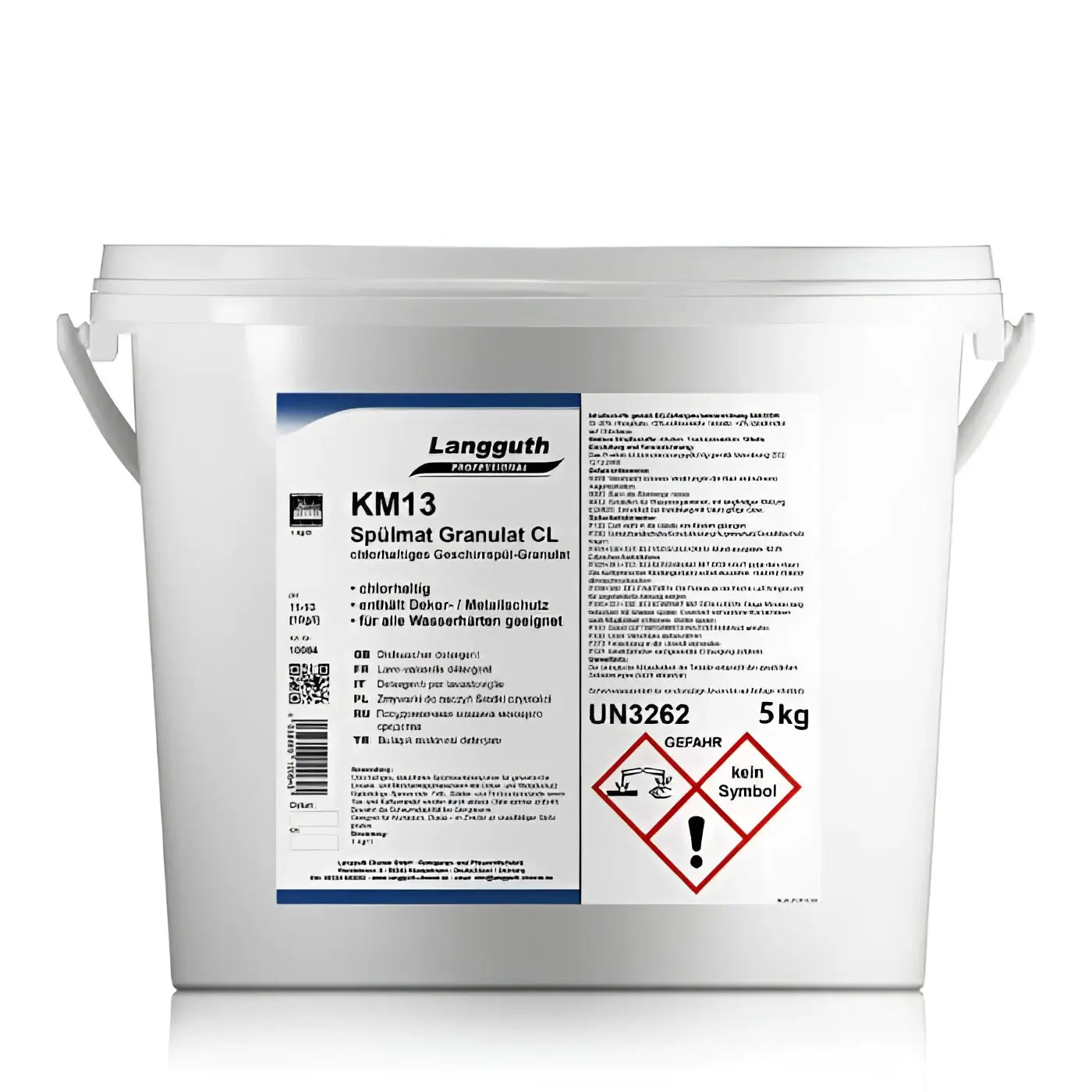 Weißer plastik Eimer mit blau weißem Etikett und Langguth Professional km13 chlorhaltigen Reinigungsgranulat Produktinformationen
