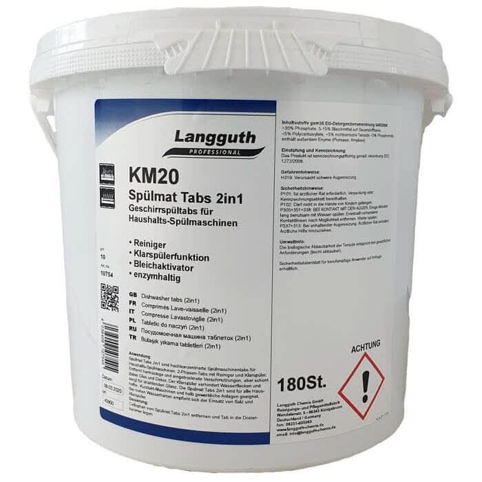 Weißer plastik eimer mit blau weißem langguth km20 spülmaschinentabs 2in1 etikett 180 stück
