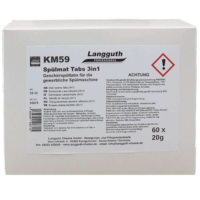 Langguth km59 3-in-1 spülmaschinentabs in weißer kartonverpackung mit 60 tabs à 20 gramm