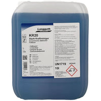 Grauer kunststoffbehälter mit blauem etikett der marke langguth professional kr20 konzentrierter alkalischer fettlöser 10l
