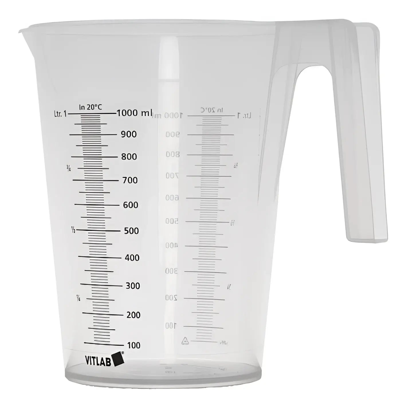 Messbecher aus pp transparent mit skala in millilitern und litern und griff rechts