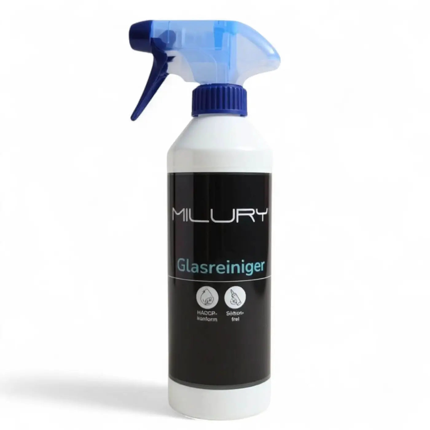 Weiße sprühflasche mit blauem trigger und milury glasreiniger etikett für 500ml glasreinigung