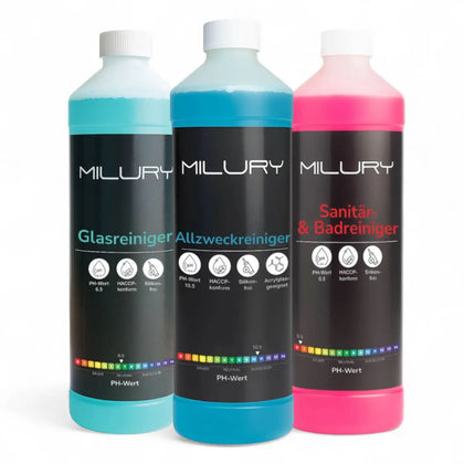 Drei milury reinigungslösungen in türkis, blau und rosa mit schwarzen etiketten im power trio reinigungsset