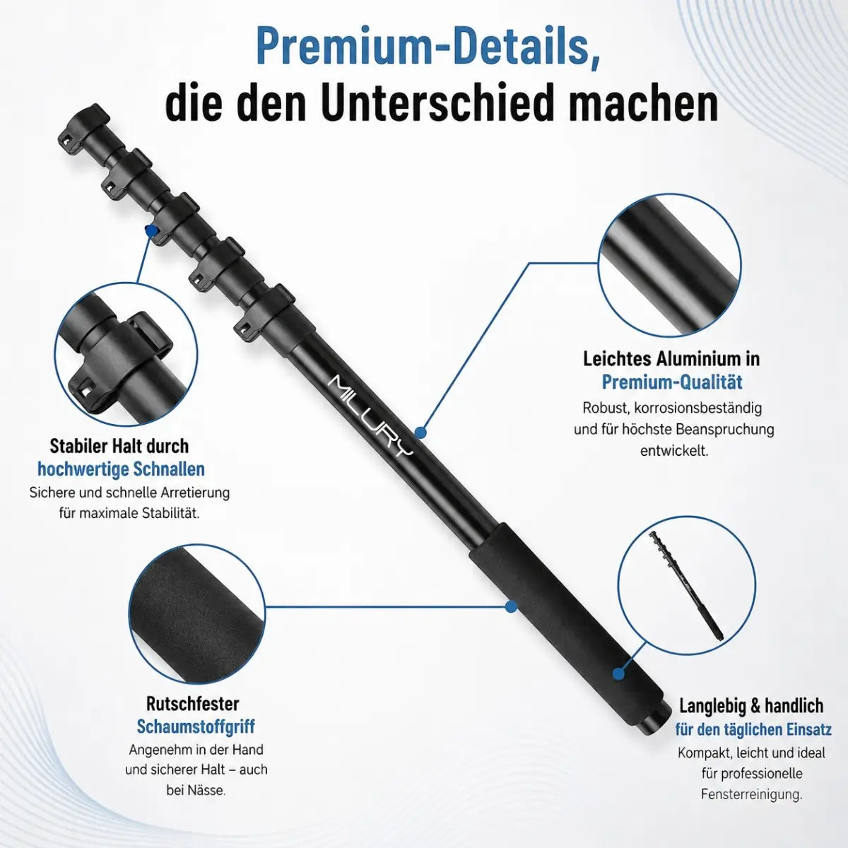 MILURY NANO telescoopsteel 78 cm-250 cm voor glasreiniging