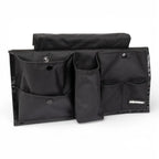Schwarzer moerman bucket organizer werkzeugtasche aus mesh mit mehreren taschen und druckknöpfen und kleinem markenlabel