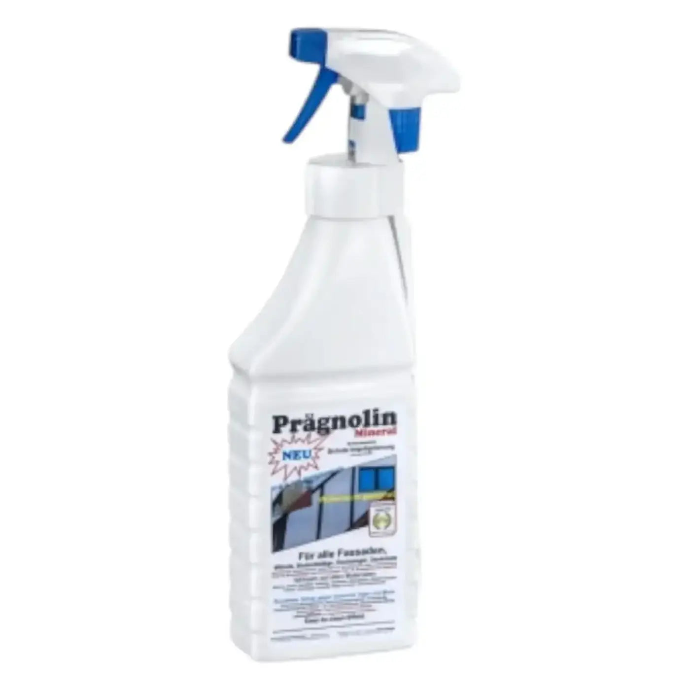 Weiße plastik-sprühflasche mit blauem abzug und prägnolin mineral etikett zur fensterreinigung