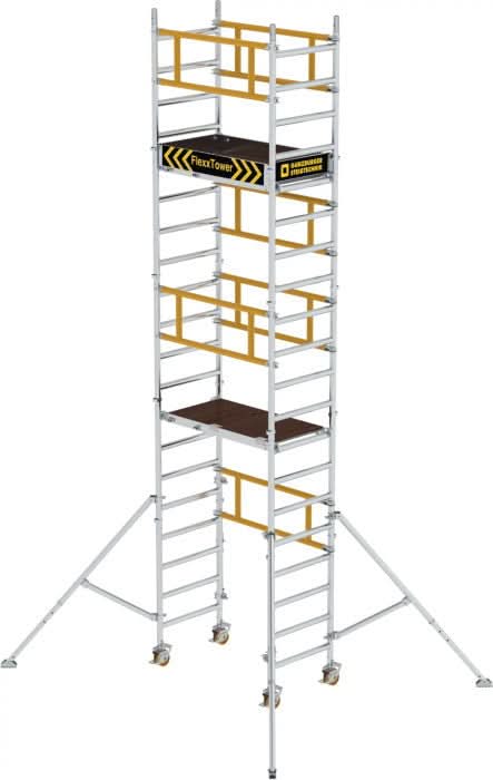 Silbernes aluminum flexxtower ein-personen-gerüst mit gelben sicherheitsgeländern und braunen arbeitsplattformen