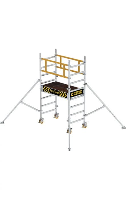 Munk flextower ein-personen-gerüst aus silbernem aluminium mit gelben sicherheitsgeländern und schwarzer frextown-plattform