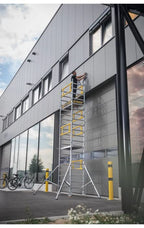 Munk flexxtower ein-personen-gerüst mobile aluminiumleiter silber und gelb mit arbeitsplattform für hocharbeiten