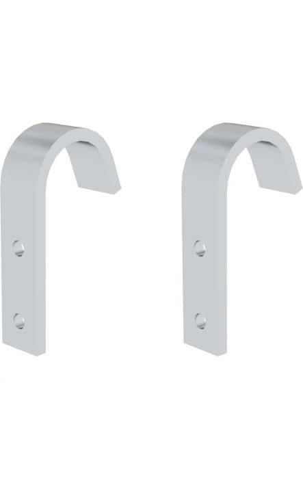 Zwei silberne metallhaken münk mit glattem, gebogenem design und zwei montagebohrungen für stufen- und sprossenleitern