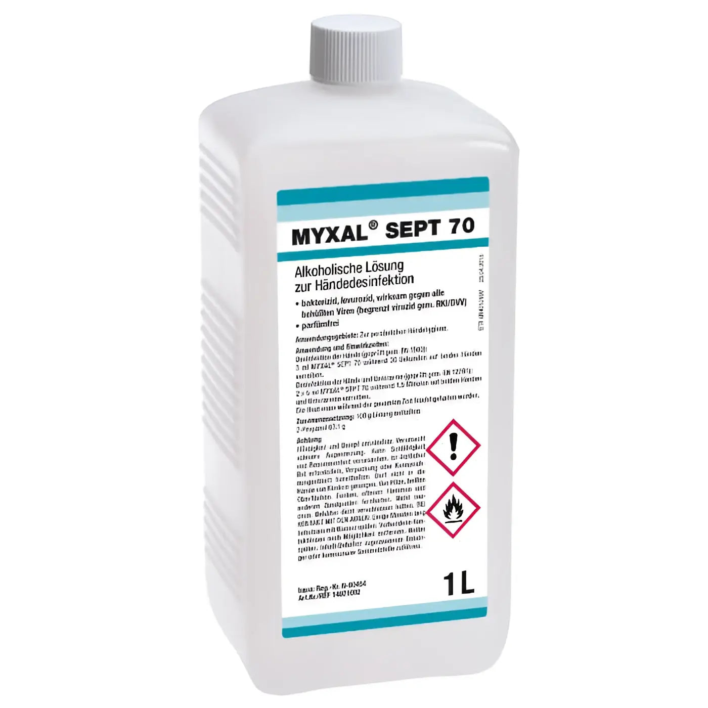 Weiße plastikflasche mit grauem deckel und türkisem etikett myxal sept 70 für händedesinfektion