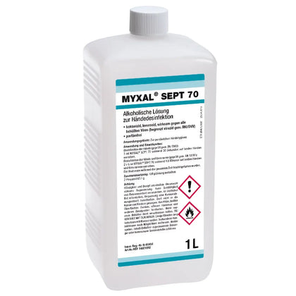 Weiße plastikflasche mit grauem deckel und türkisem etikett myxal sept 70 für händedesinfektion