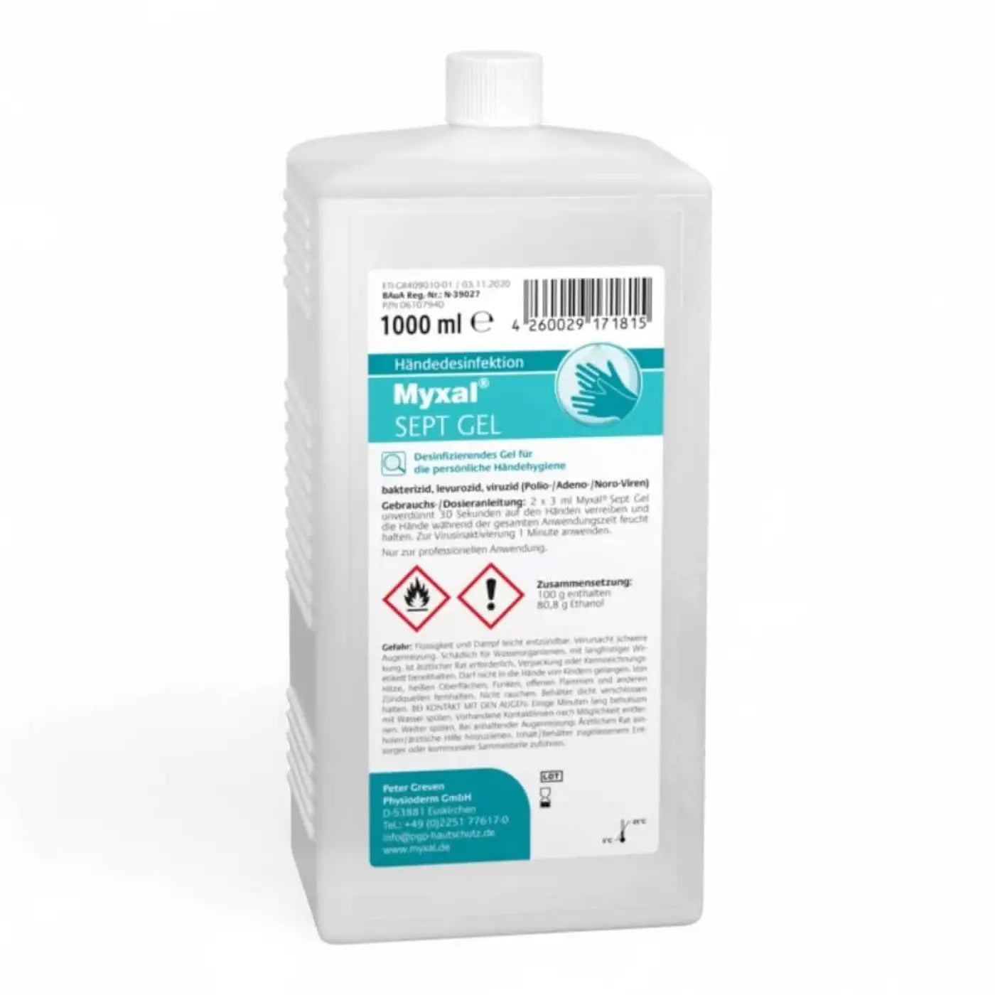 Myxal sept gel händedesinfektion in klarer plastikflasche mit 1000 ml fassungsvermögen und antibakteriellem etikett