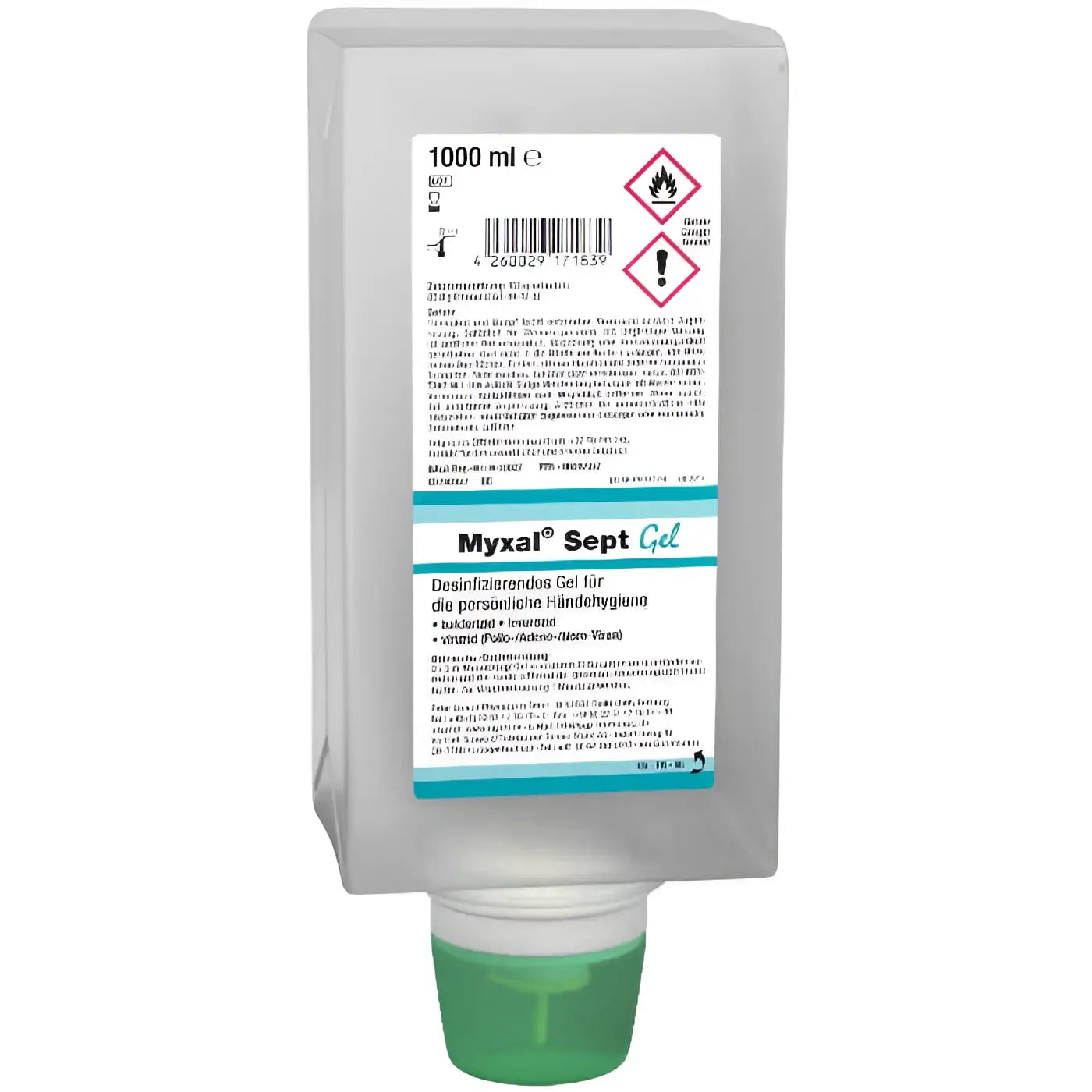 Grauer plastikspender mit türkisfarbenem pumpkopf und etikett myxal sept gel zur händedesinfektion