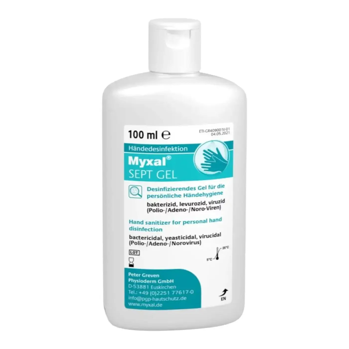 Weiße plastikflasche myxal sept gel händedesinfektion 100 ml mit weißem flip-top deckel und türkisfarbener etikettierung