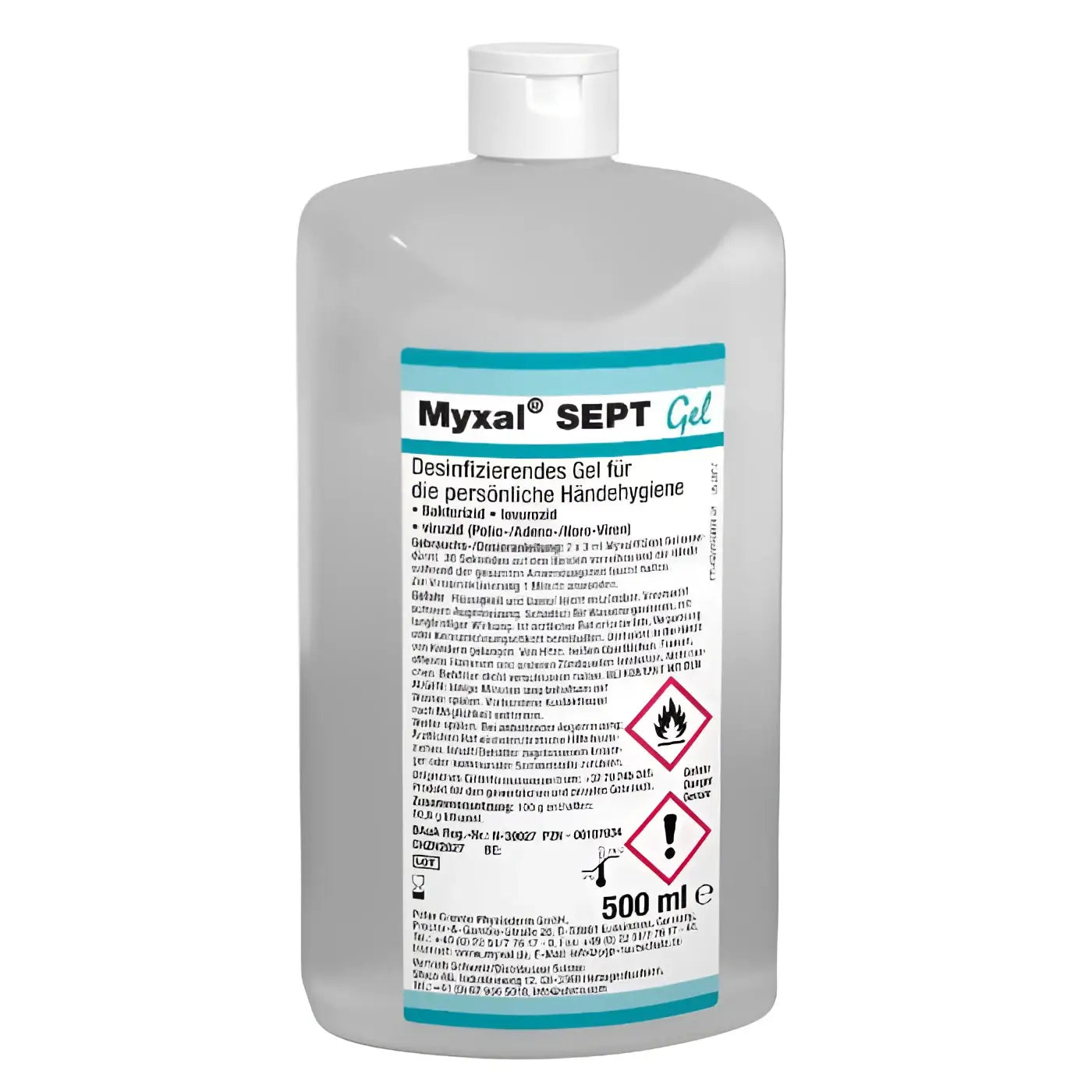 A transluzente weiße plastikflasche mit teal-weißem etikett und myxal sept gel als händedesinfektion