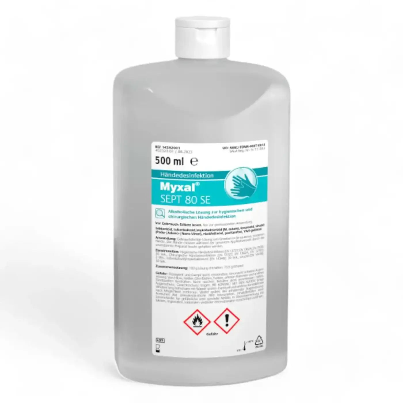 Transparente plastikflasche myxal sept 80 se mit weißem deckel und etikett für handdesinfektion händedesinfektion