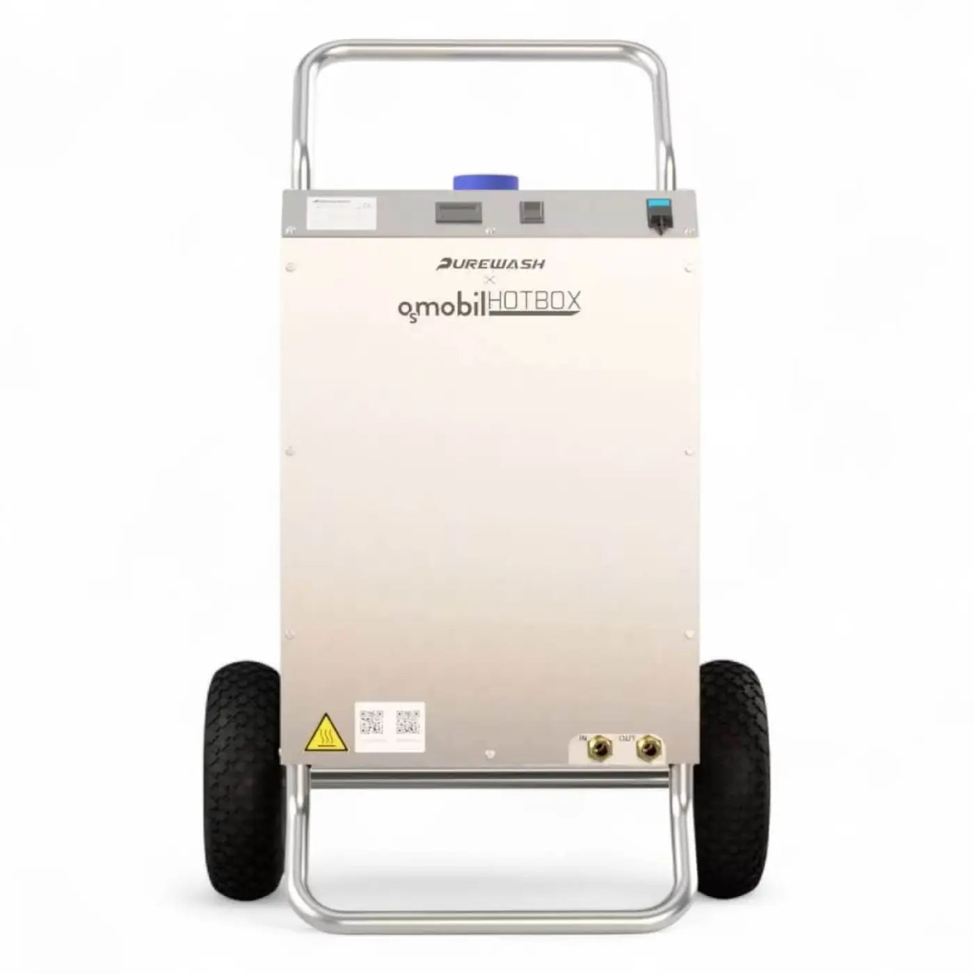 Silberner metallischer osmobil hotbox reinwasserheizung mit schwarzen rädern und griff für glas pv und fassade